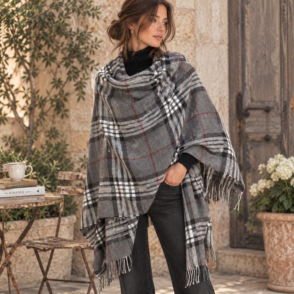 V Fraas Wrap Womens Gray Plaid Fringe Shawl Poncho Scarf Cozy Quiet Luxury Boho